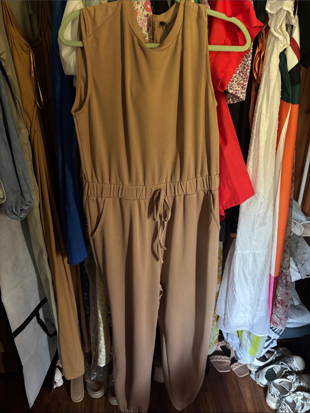 Sleeveless Drawstring Jumpsuit in Camel size  M